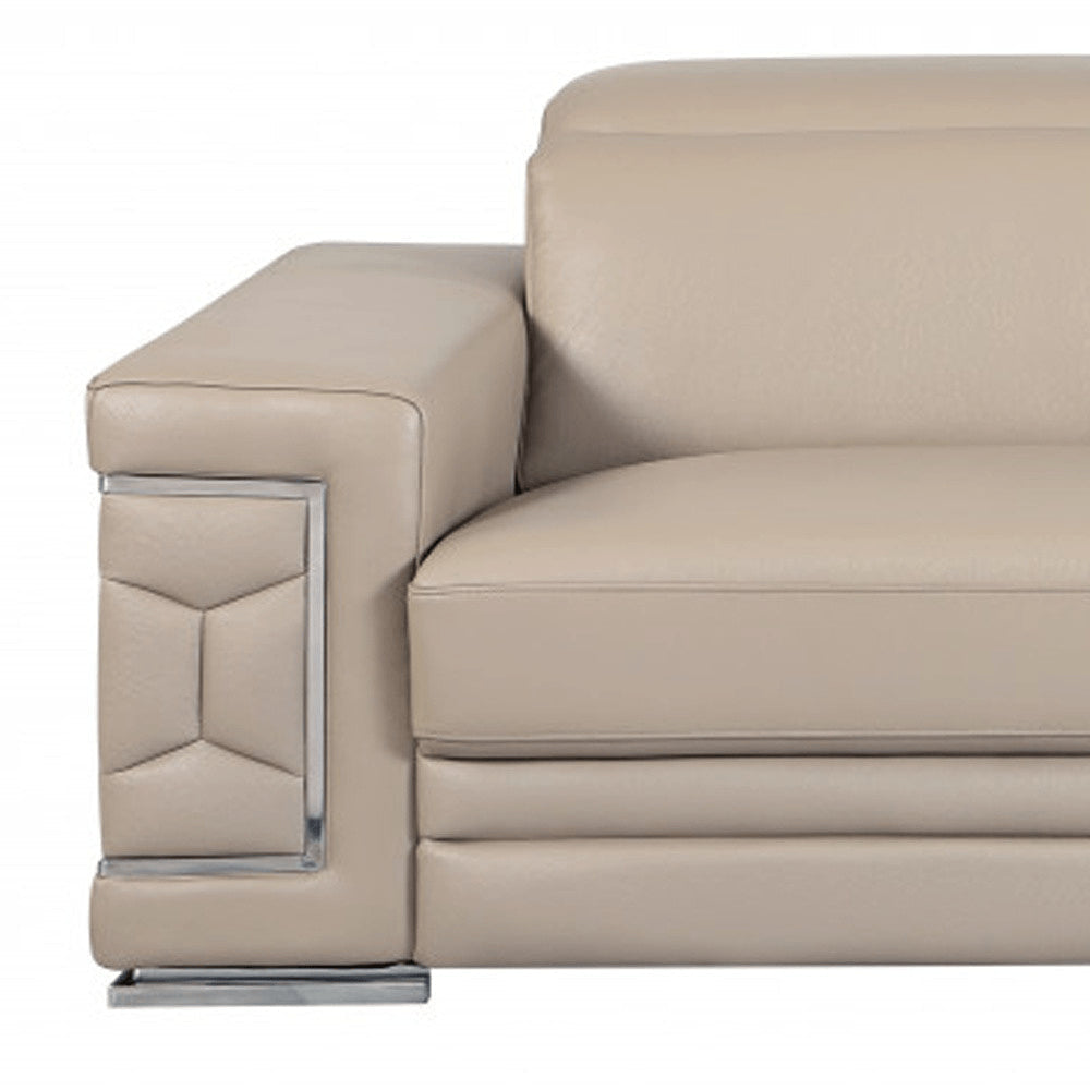 89" Beige Italian Leather Sofa With Silver Legs HomeRoots