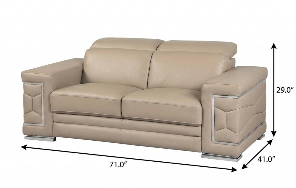 71" Beige And Silver Genuine Leather Love Seat HomeRoots
