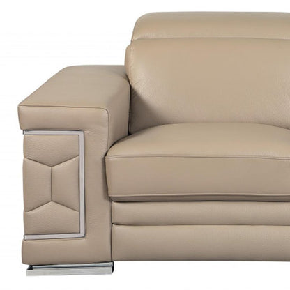 71" Beige And Silver Genuine Leather Love Seat HomeRoots