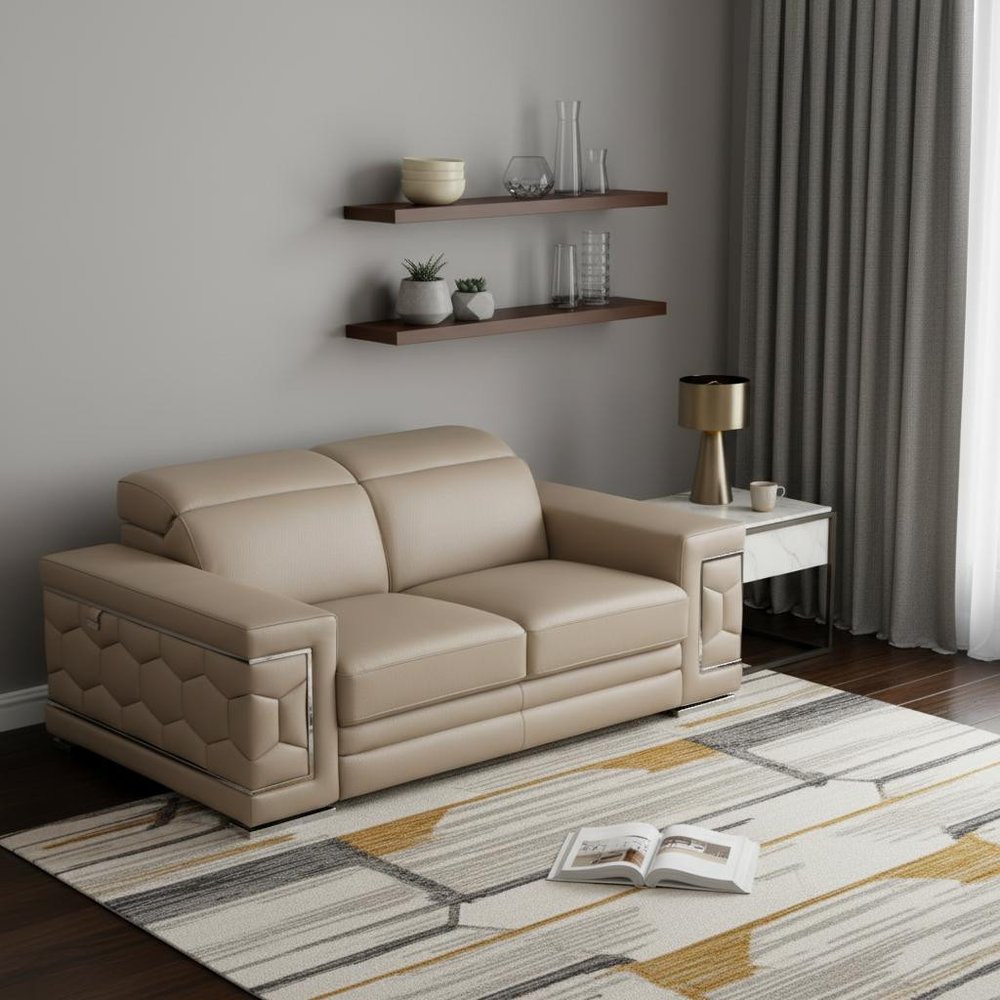 71" Beige And Silver Genuine Leather Love Seat HomeRoots