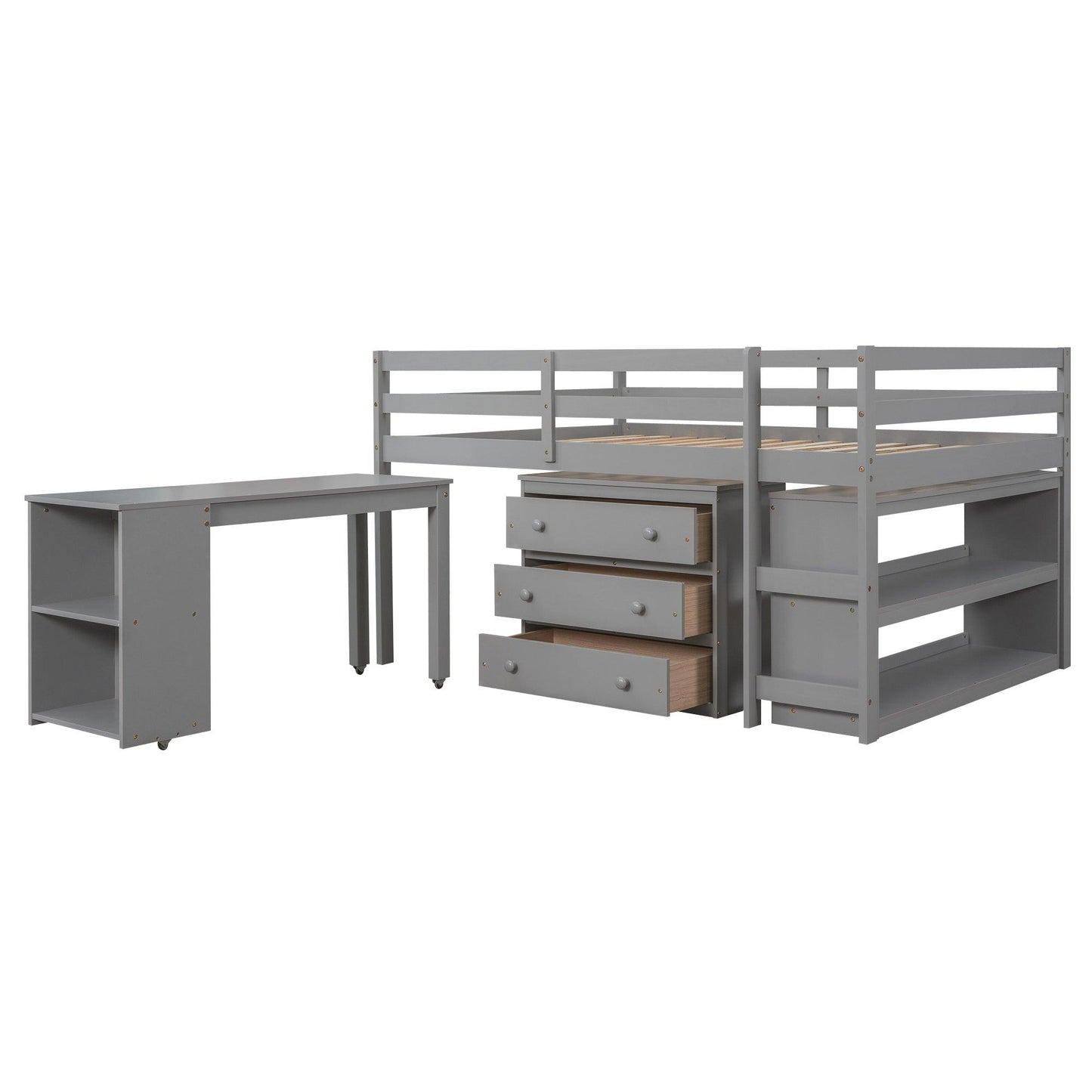 Low Study Full Loft Bed with Cabinet Shelves and Rolling Portable Desk Multiple Functions Bed- Gray - FurniFindUSA