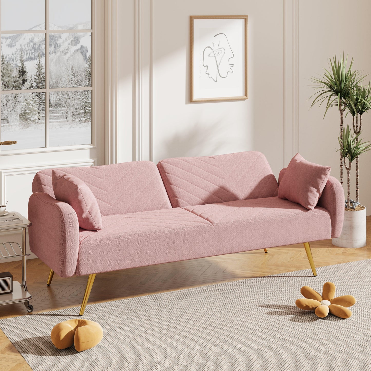 70.47" Pink Fabric Double Sofa with Split Backrest and Two Throw Pillows - FurniFindUSA