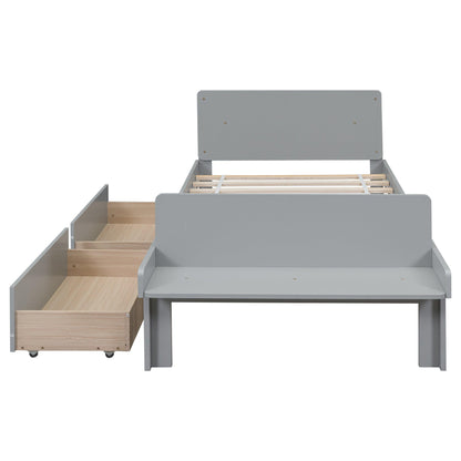 Twin Bed with Footboard Bench 2 drawers Grey - FurniFindUSA