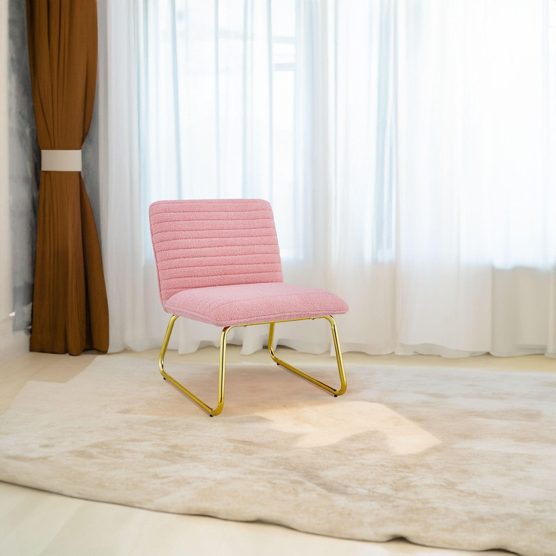 Modern minimalist pink plush fabric single person sofa chair with golden metal legs - FurniFindUSA