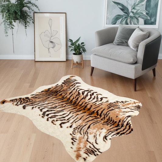 4' X 5' Brown and Black Faux Fur Tiger Print Shag Area Rug - 94.0" (L) x 127.0" (W) x 0.9" (H)