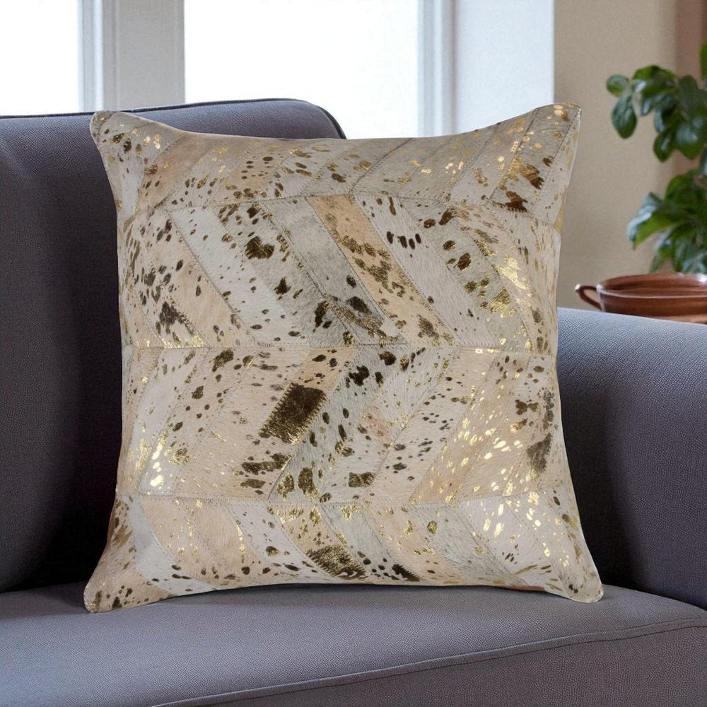 18" Natural And Gold Cowhide Throw Pillow HomeRoots