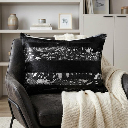 12" X 20" Black and Silver Cowhide Throw Pillow HomeRoots