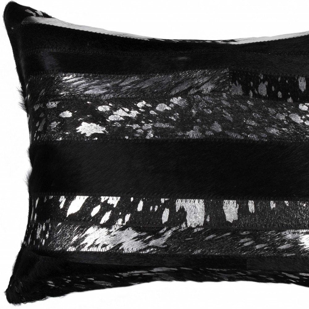 12" X 20" Black and Silver Cowhide Throw Pillow HomeRoots