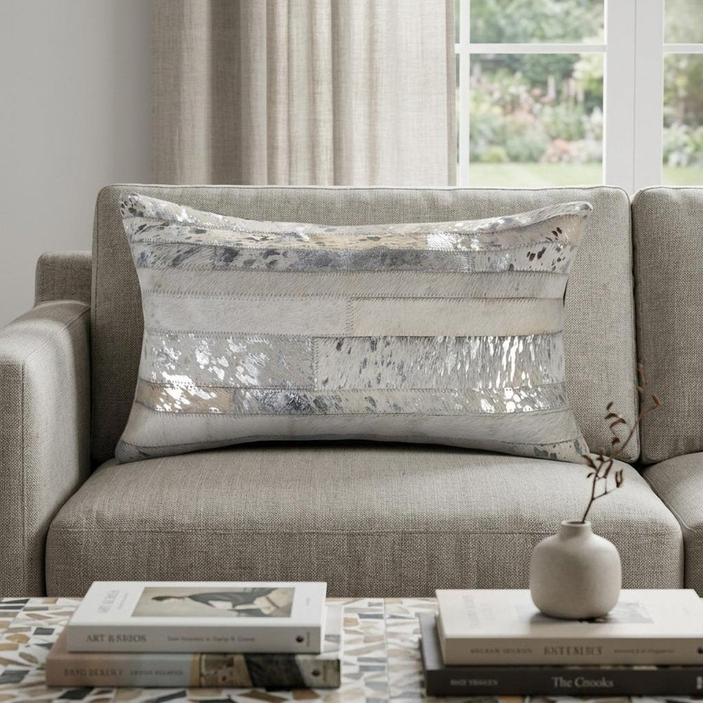 12" X 20" Gray and Silver Striped Cowhide Lumbar Throw Pillow — view 6