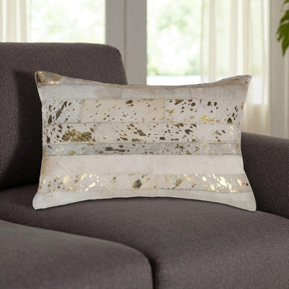 12" X 20" Natural And Gold Cowhide Throw Pillow HomeRoots