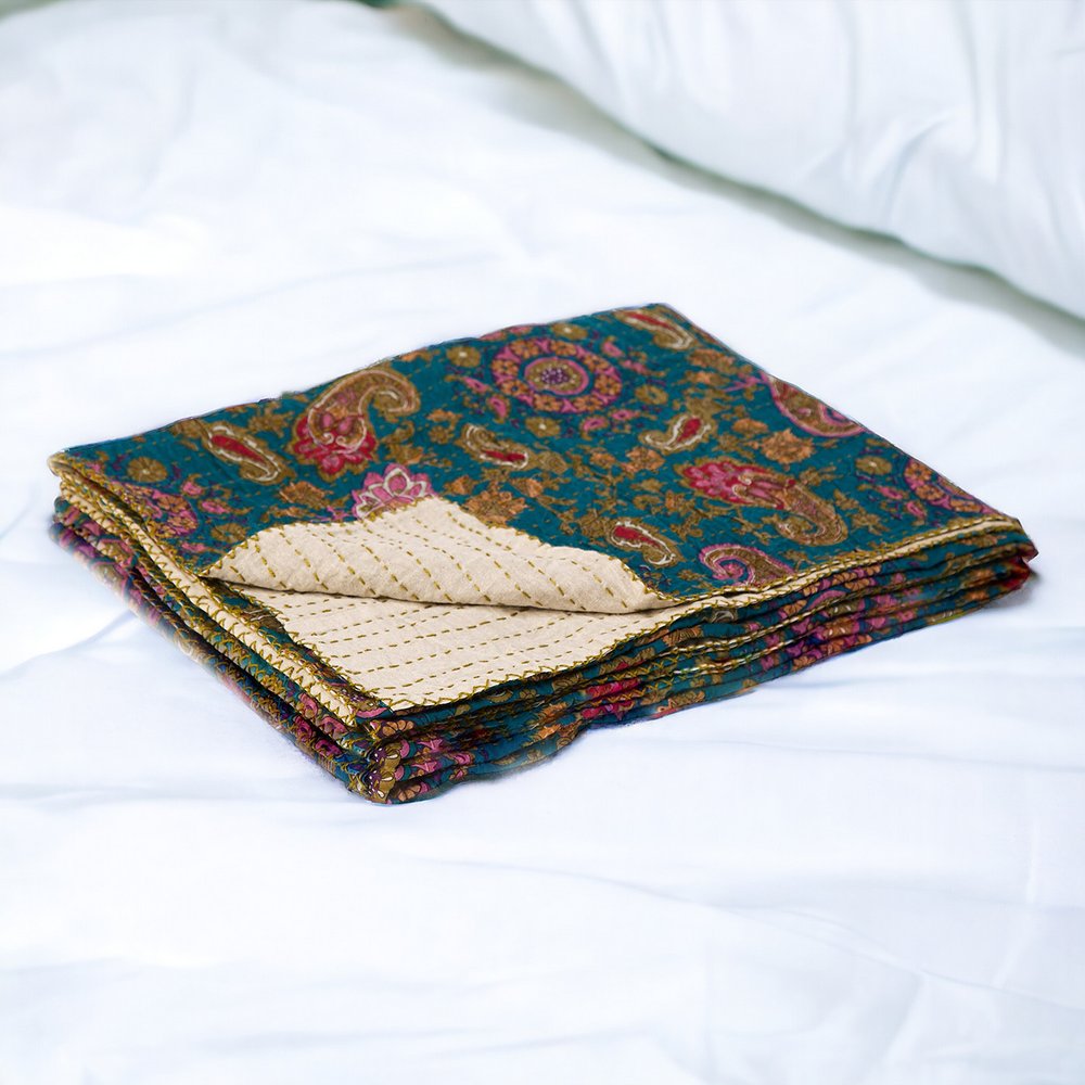 50" X 70" Green and Pink Kantha Cotton Paisley Throw Blanket with Embroidery HomeRoots