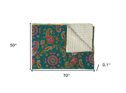 50" X 70" Yellow and Gray Kantha Cotton Floral Throw Blanket HomeRoots