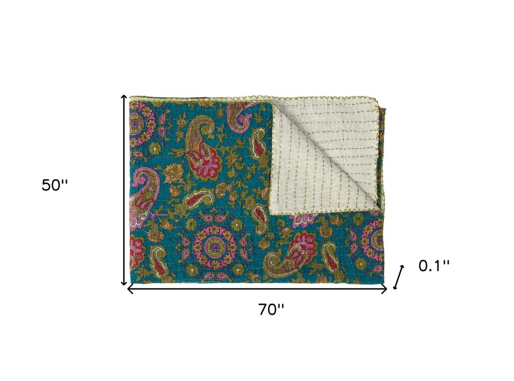 50" X 70" Green and Pink Kantha Cotton Paisley Throw Blanket with Embroidery HomeRoots