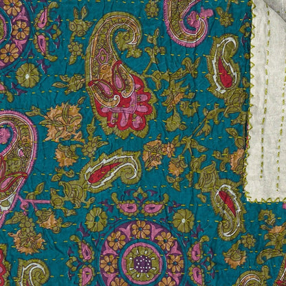 50" X 70" Green and Pink Kantha Cotton Paisley Throw Blanket with Embroidery HomeRoots