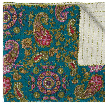 50" X 70" Green and Pink Kantha Cotton Paisley Throw Blanket with Embroidery HomeRoots