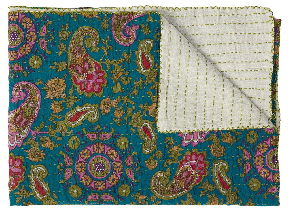 50" X 70" Green and Pink Kantha Cotton Paisley Throw Blanket with Embroidery HomeRoots