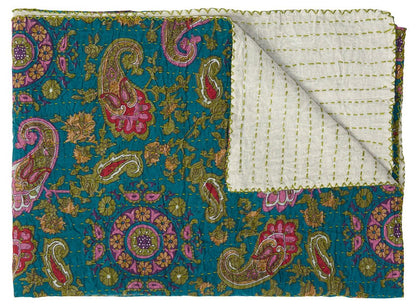 50" X 70" Green and Pink Kantha Cotton Paisley Throw Blanket with Embroidery HomeRoots