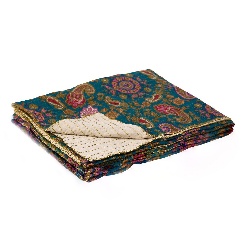 50" X 70" Yellow and Gray Kantha Cotton Floral Throw Blanket HomeRoots