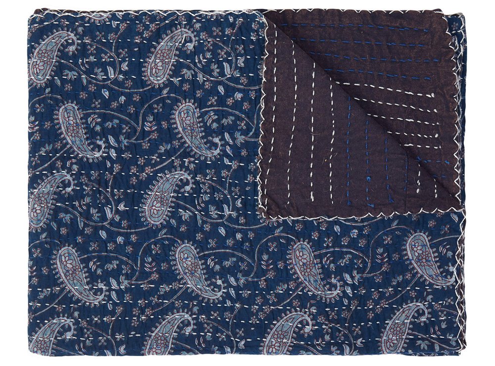 50" X 70" Blue and Gray Kantha Cotton Paisley Throw Blanket with Embroidery HomeRoots