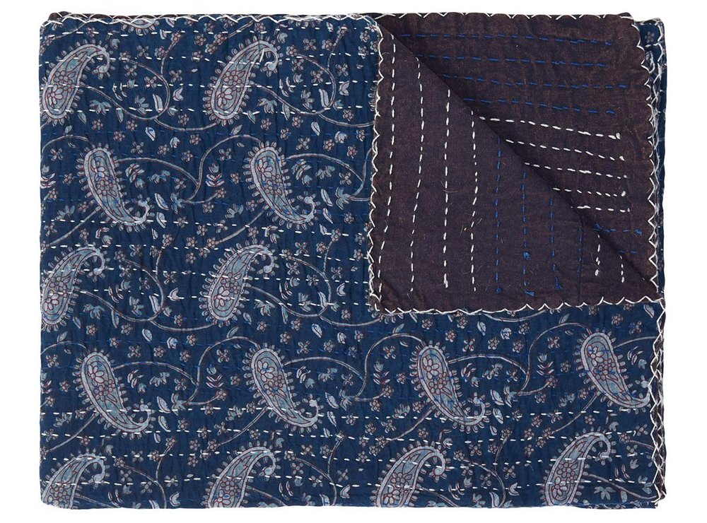 50" X 70" Blue and Gray Kantha Cotton Paisley Throw Blanket with Embroidery — view 1