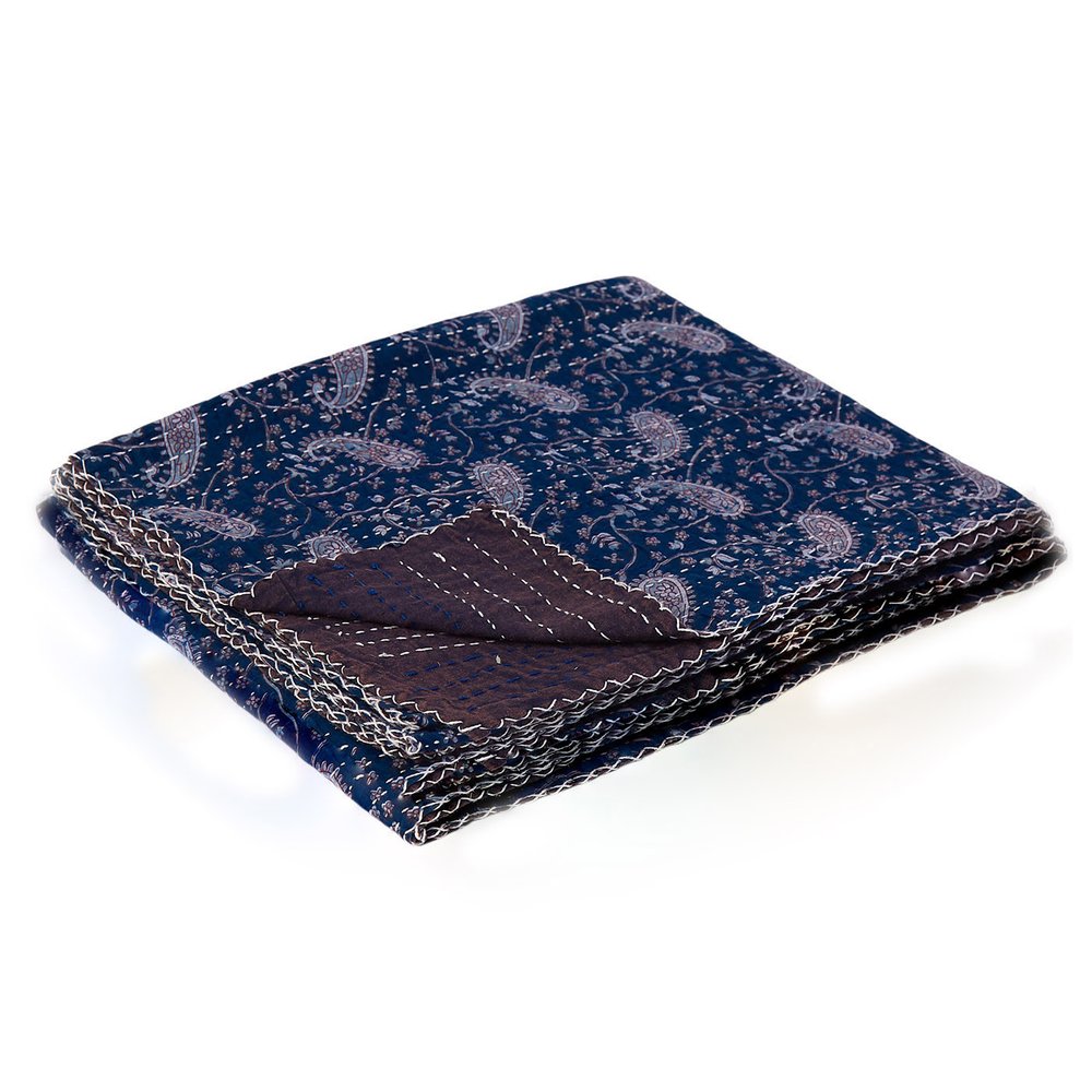 50" X 70" Blue and Gray Kantha Cotton Paisley Throw Blanket with Embroidery HomeRoots