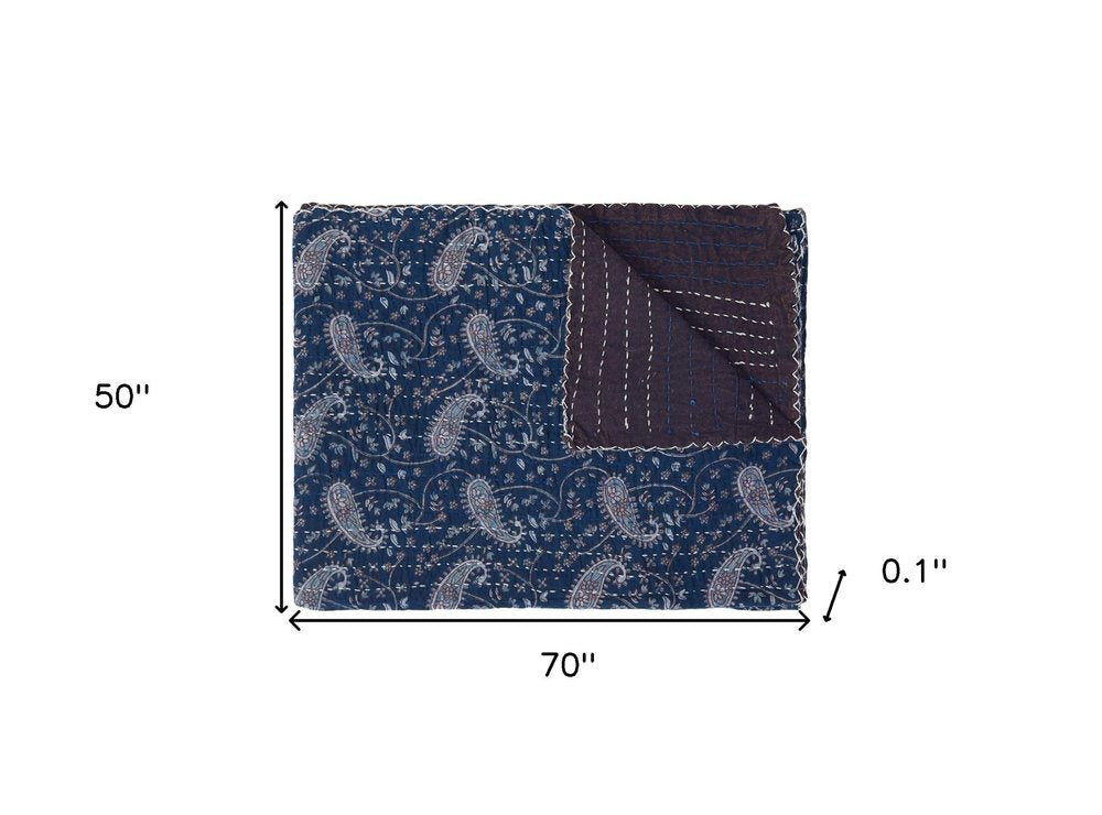 50" X 70" Blue and Gray Kantha Cotton Paisley Throw Blanket with Embroidery HomeRoots
