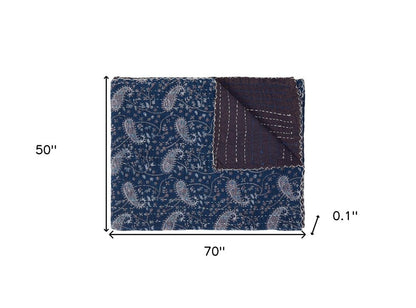 50" X 70" Blue and Gray Kantha Cotton Paisley Throw Blanket with Embroidery HomeRoots