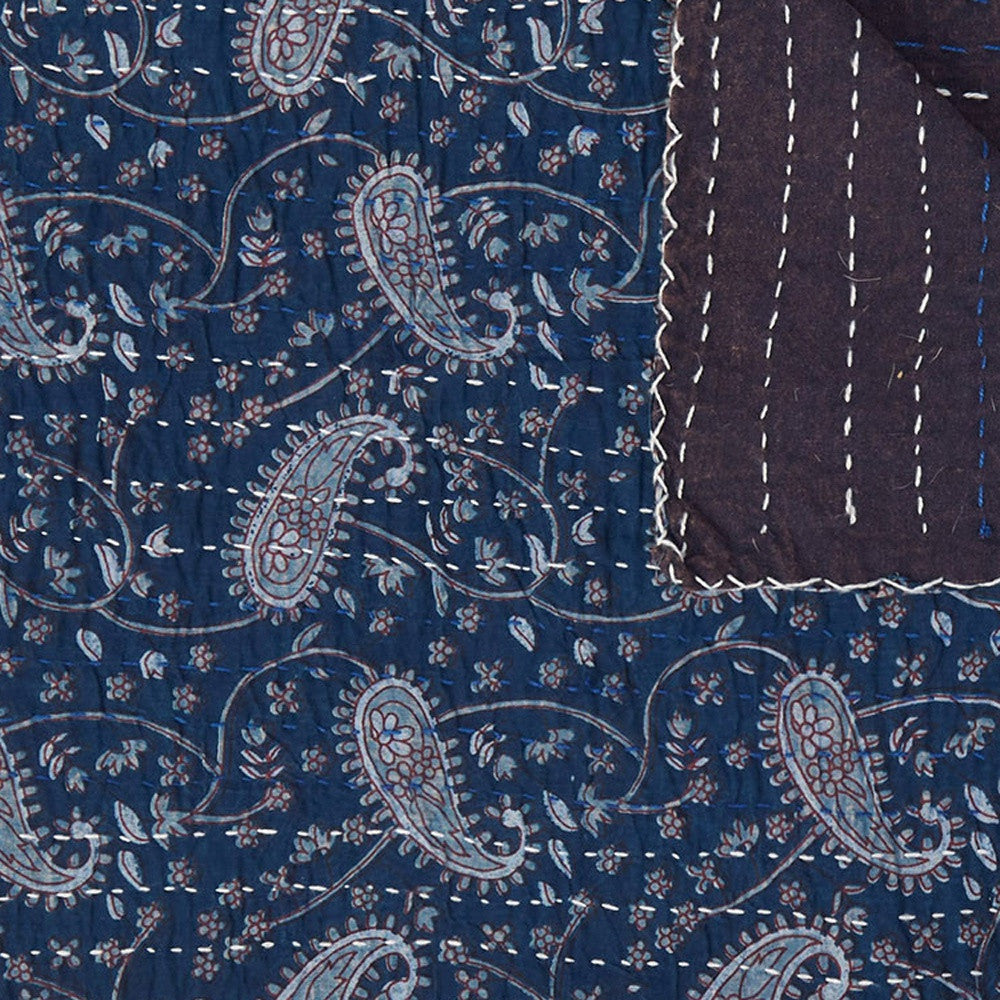 50" X 70" Blue and Gray Kantha Cotton Paisley Throw Blanket with Embroidery