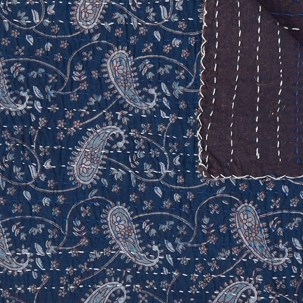 50" X 70" Blue and Gray Kantha Cotton Paisley Throw Blanket with Embroidery HomeRoots
