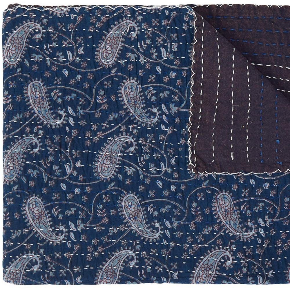 50" X 70" Blue and Gray Kantha Cotton Paisley Throw Blanket with Embroidery — view 4