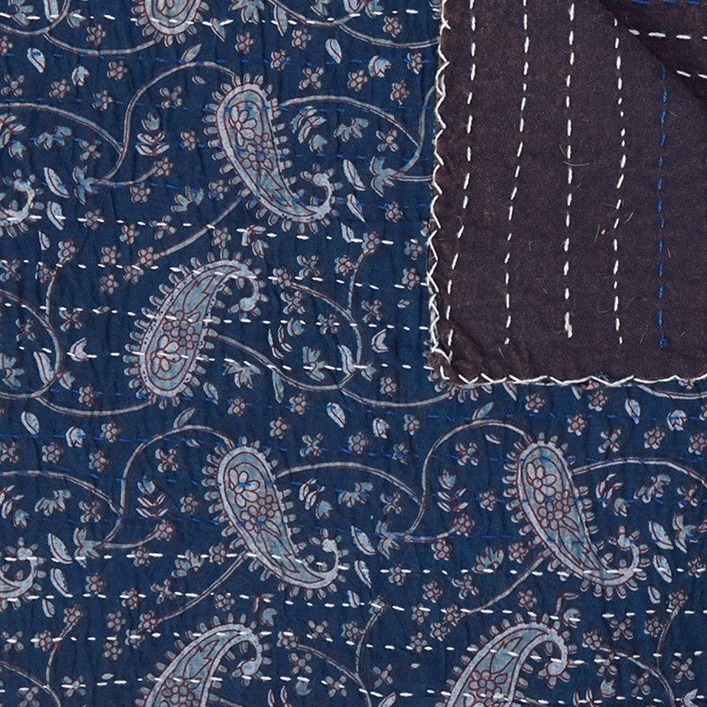 50" X 70" Blue and Gray Kantha Cotton Paisley Throw Blanket with Embroidery HomeRoots