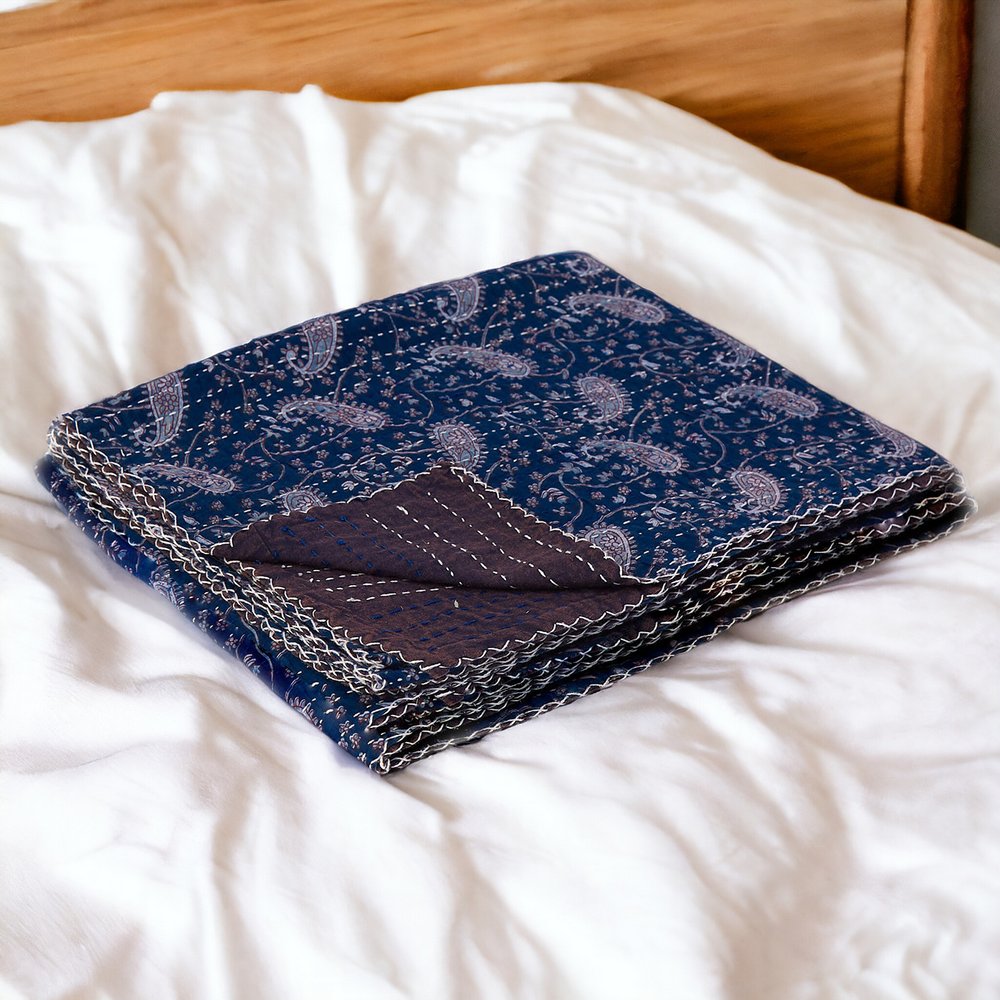 50" X 70" Blue and Gray Kantha Cotton Paisley Throw Blanket with Embroidery HomeRoots