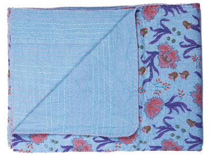 50" X 70" Blue and Purple Kantha Cotton Floral Throw Blanket with Embroidery