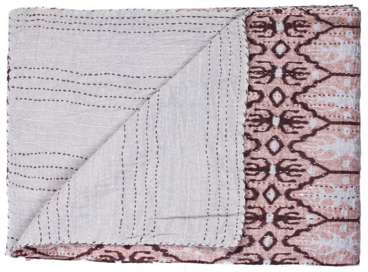 50" X 70" Pink and Brown Kantha Cotton Abstract Throw Blanket with Embroidery HomeRoots