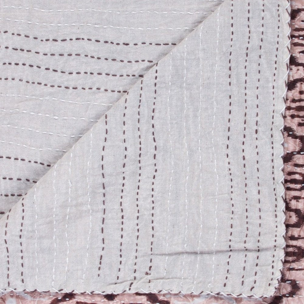 50" X 70" Pink and Brown Kantha Cotton Abstract Throw Blanket with Embroidery — view 3