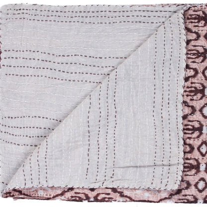 50" X 70" Pink and Brown Kantha Cotton Abstract Throw Blanket with Embroidery HomeRoots
