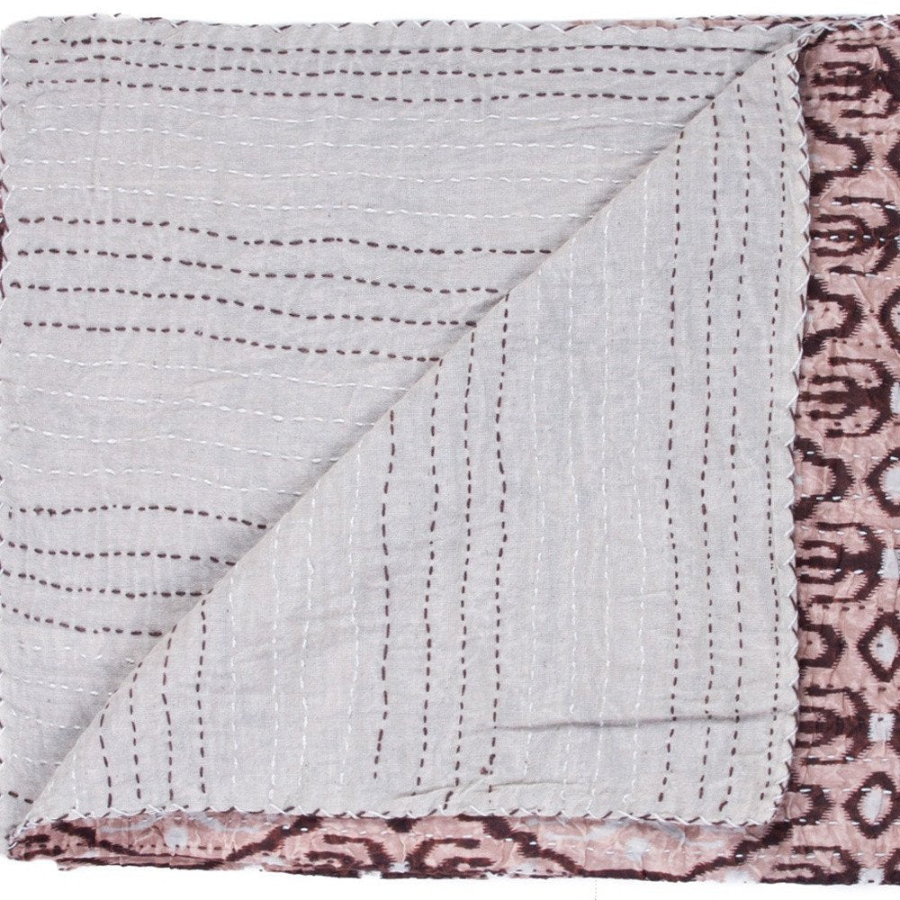 50" X 70" Pink and Brown Kantha Cotton Abstract Throw Blanket with Embroidery — view 4