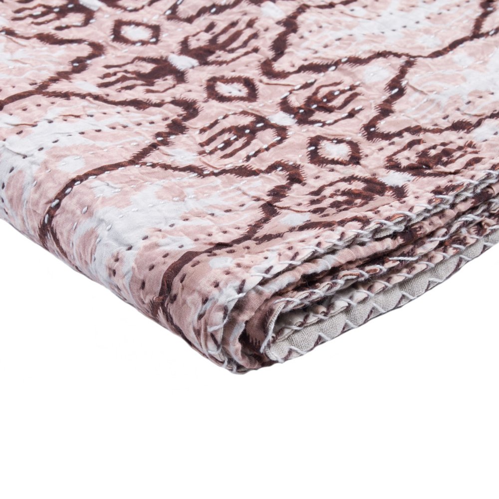 50" X 70" Pink and Brown Kantha Cotton Abstract Throw Blanket with Embroidery HomeRoots