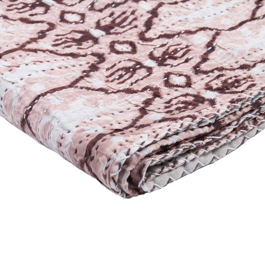 50" X 70" Pink and Brown Kantha Cotton Abstract Throw Blanket with Embroidery HomeRoots