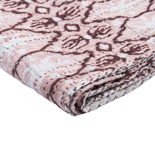 50" X 70" Pink and Brown Kantha Cotton Abstract Throw Blanket with Embroidery