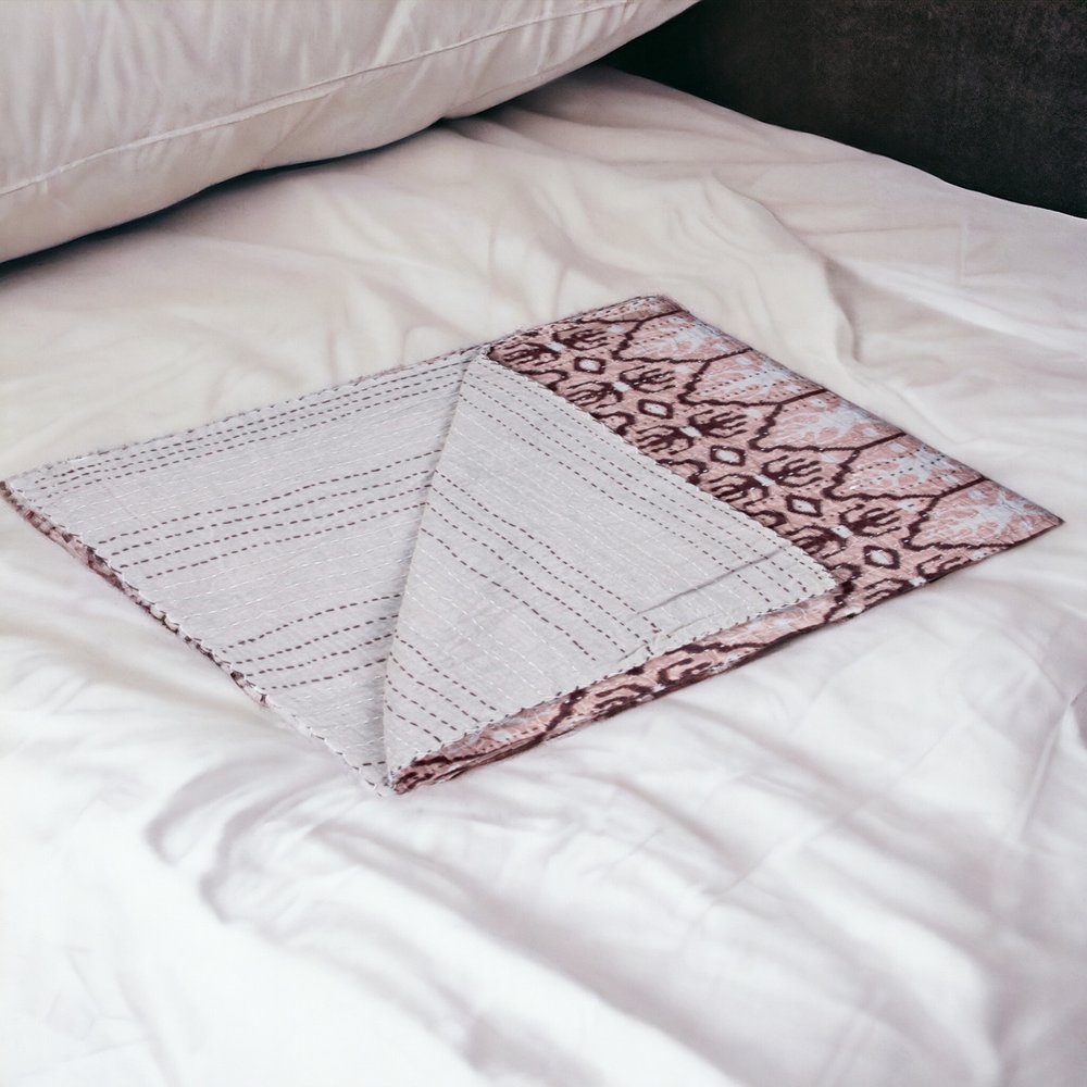 50" X 70" Pink and Brown Kantha Cotton Abstract Throw Blanket with Embroidery HomeRoots