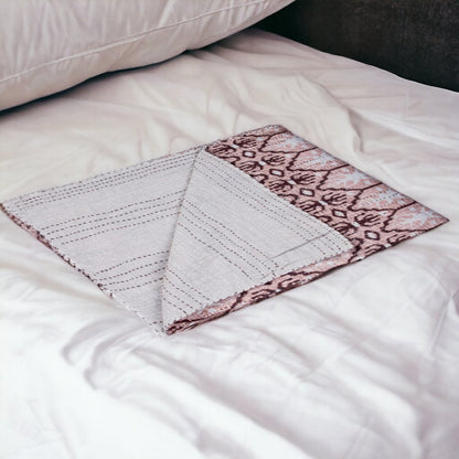 50" X 70" Pink and Brown Kantha Cotton Abstract Throw Blanket with Embroidery HomeRoots