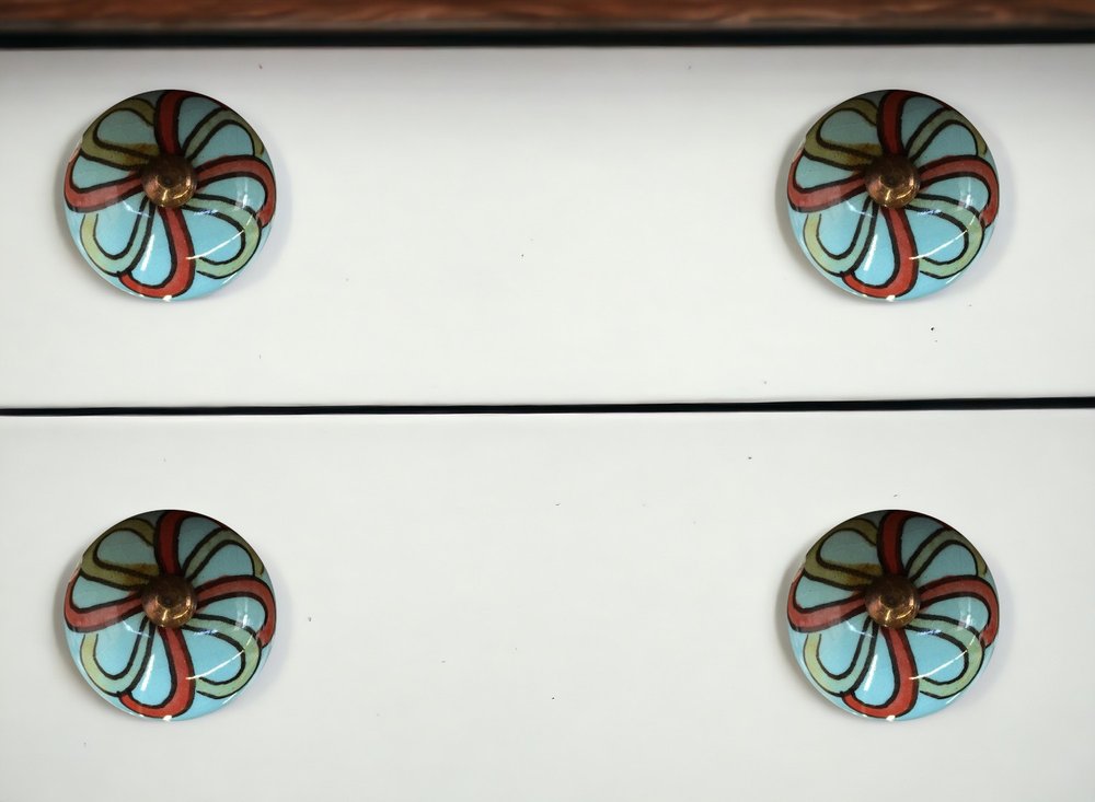 Set of Eight White And Navy Blue Geo Lines Ceramic Drawer Pull Knobs HomeRoots
