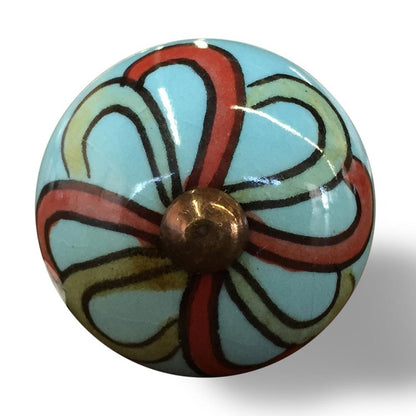 Set of Twelve Turquoise And Red Geometric Ceramic Drawer Pull Knobs HomeRoots
