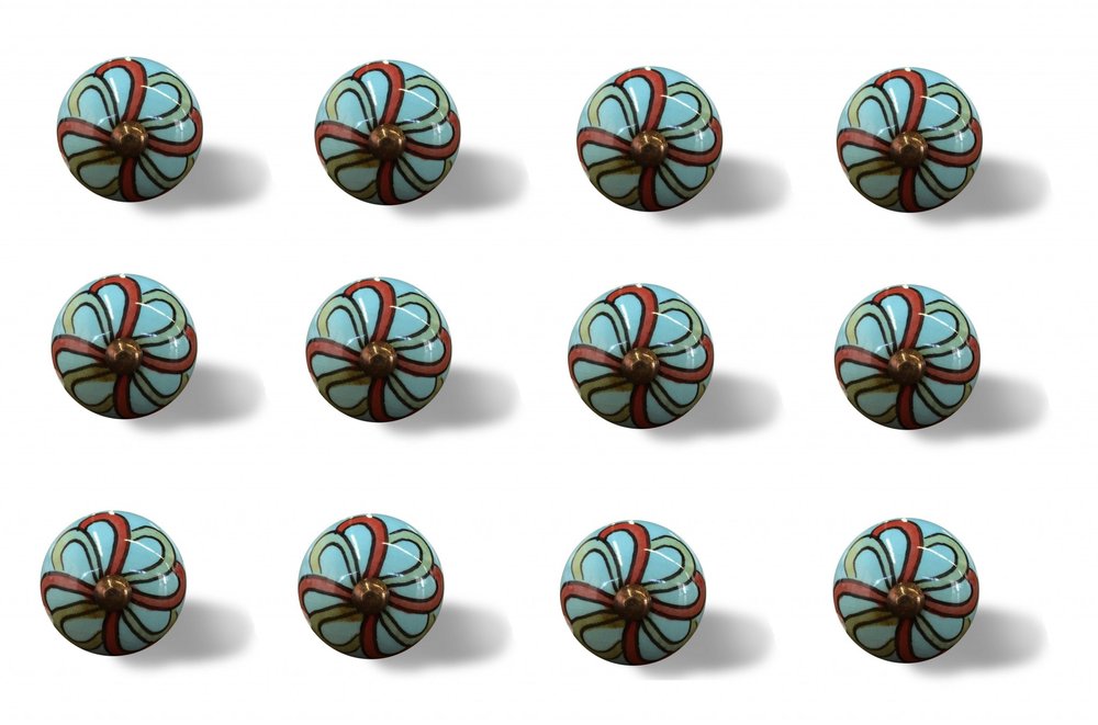 Set of Twelve Turquoise And Red Geometric Ceramic Drawer Pull Knobs HomeRoots