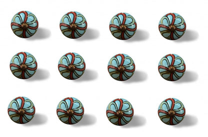 Set of Twelve Turquoise And Red Geometric Ceramic Drawer Pull Knobs HomeRoots
