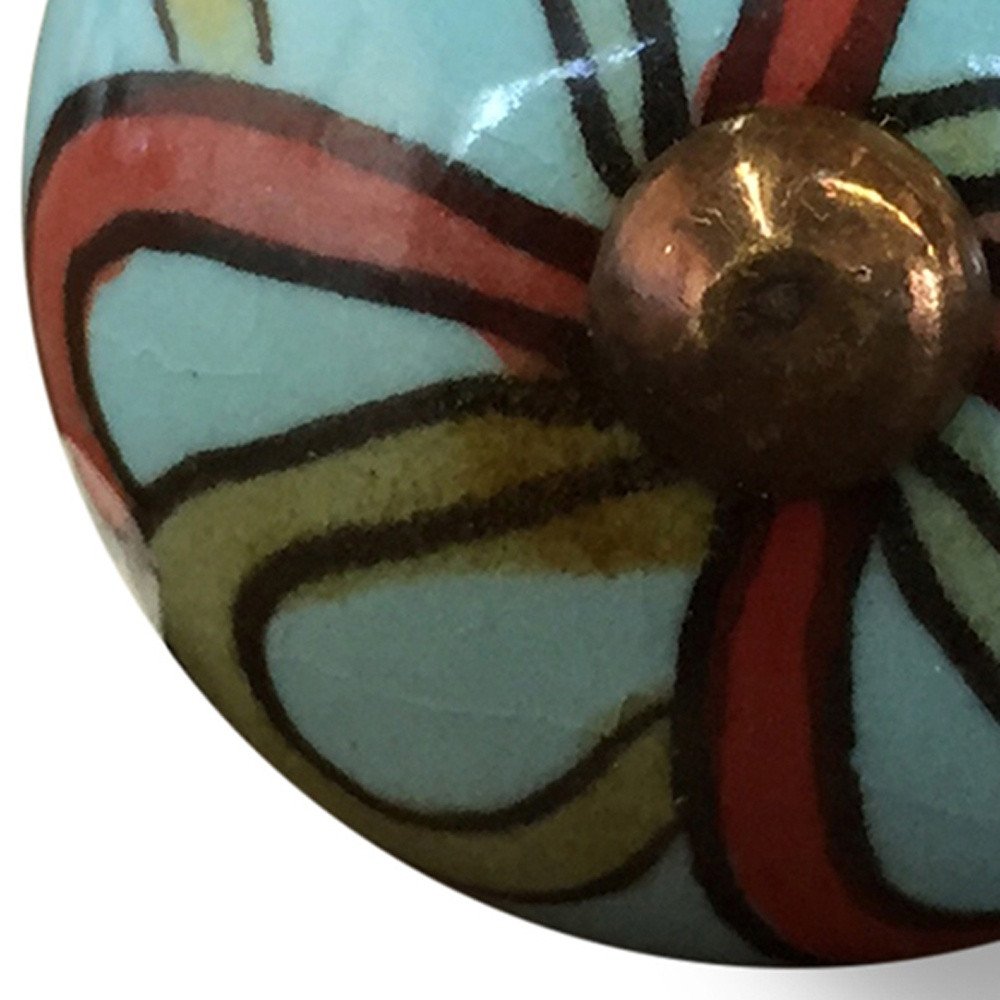 Set of Twelve Turquoise And Red Geometric Ceramic Drawer Pull Knobs HomeRoots