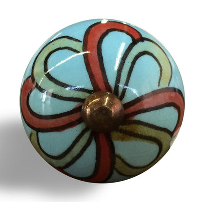 Set of Twelve Turquoise And Red Geometric Ceramic Drawer Pull Knobs HomeRoots