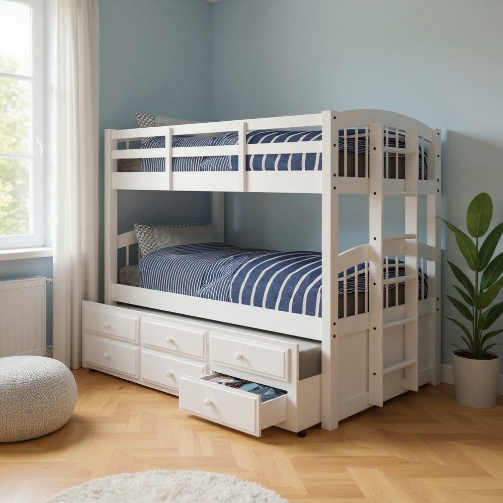 White Twin Solid Wood Bunk Bed With Trundle And Storage HomeRoots