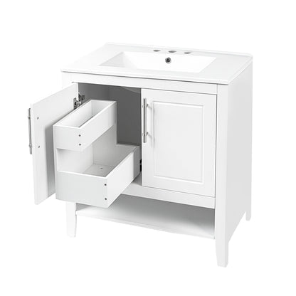 30" Bathroom Vanity with Sink Multi-functional Bathroom Cabinet with Doors and Drawers Solid Frame and MDF Board, White - FurniFindUSA